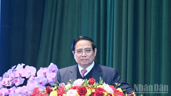 Thủ tướng Chính phủ Phạm Minh Chính phát biểu ý kiến chỉ đạo tại Hội nghị tổng kết công tác năm 2025, triển khai nhiệm vụ năm 2026 của ngành tài chính. (Ảnh: TRẦN HẢI)