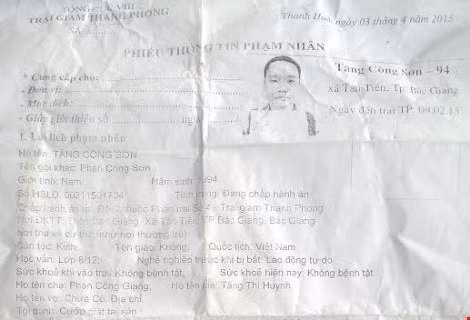 Phiếu thông tin phạm nhân.