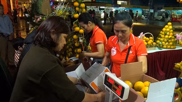 Khách hàng đến mua cam tại hội chợ.