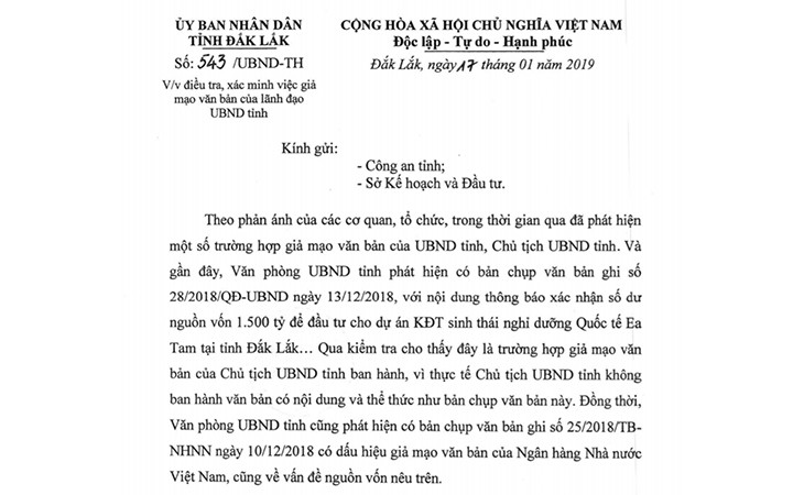 Bản chụp văn bản UBND tỉnh Đác Lắc giao các cơ quan chức năng của tỉnh điều tra, xác minh việc giả mạo văn bản của UBND tỉnh. 