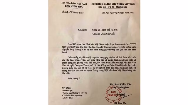 Công văn của Hội Nhà báo Việt Nam.