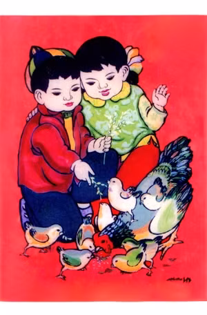 Tranh "Đàn gà và bé ngoan" của họa sĩ Hoàng Hà tiếp nhận nét độc đáo về mầu sắc và đường nét của tranh dân gian Tết.
