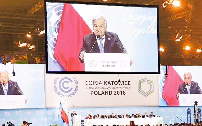 Tổng Thư ký Liên hợp quốc phát biểu tại Hội nghị về chống biến đổi khí hậu ở Ba Lan. Ảnh ROI-TƠ