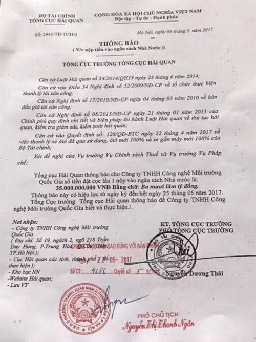 Trong văn bản giả mạo gửi đến Công ty TNHH Công nghệ môi trường Quốc Gia yêu cầu công ty này nộp ngân sách 35 tỷ đồng.