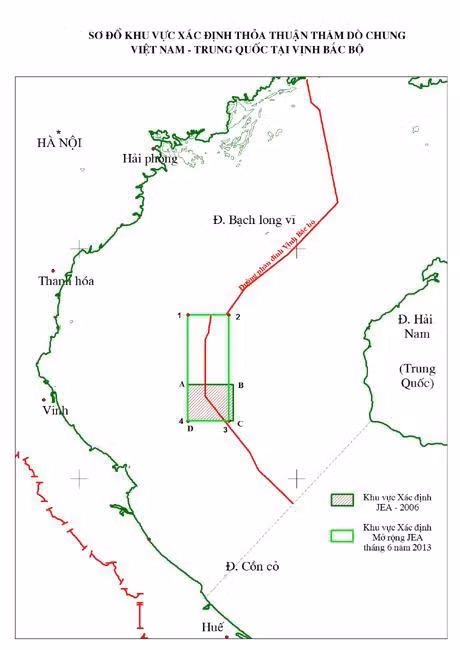 SƠ ÐỒ KHU VỰC XÁC ÐỊNH THỎA THUẬN THĂM DÒ CHUNG VIỆT NAM - TRUNG QUỐC TẠI VỊNH BẮC BỘ.
