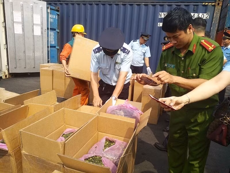 Lực lượng chức năng kiểm tra container chứa lá khát.