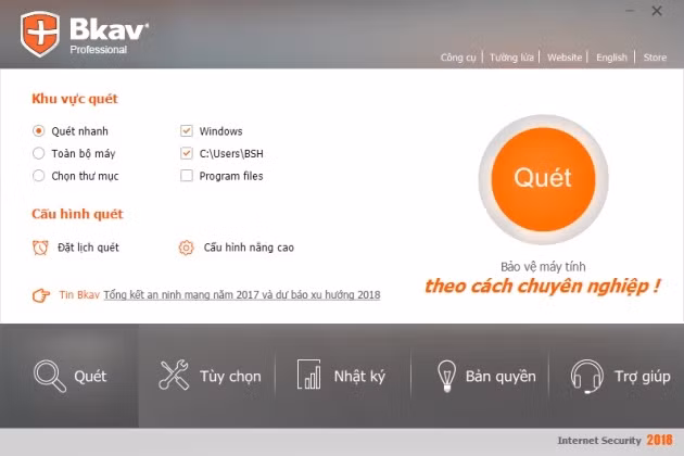 Giao diện phần mềm diệt virus Bkav 2018.