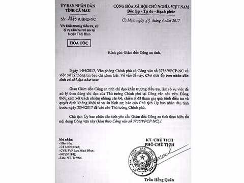 Công văn chỉ đạo Công an Cà Mau điều tra lại vụ bé K. từ UBND tỉnh Cà Mau.