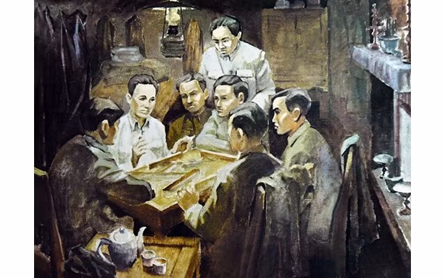 Hội nghị thành lập Ðảng Cộng sản Việt Nam năm 1930. Tranh của họa sĩ Phan Kế An