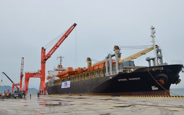Hàng hóa từ tàu Spring Hummer trọng tải 9.000 DWT được bốc dỡ tại Cảng quốc tế Vĩnh Tân.