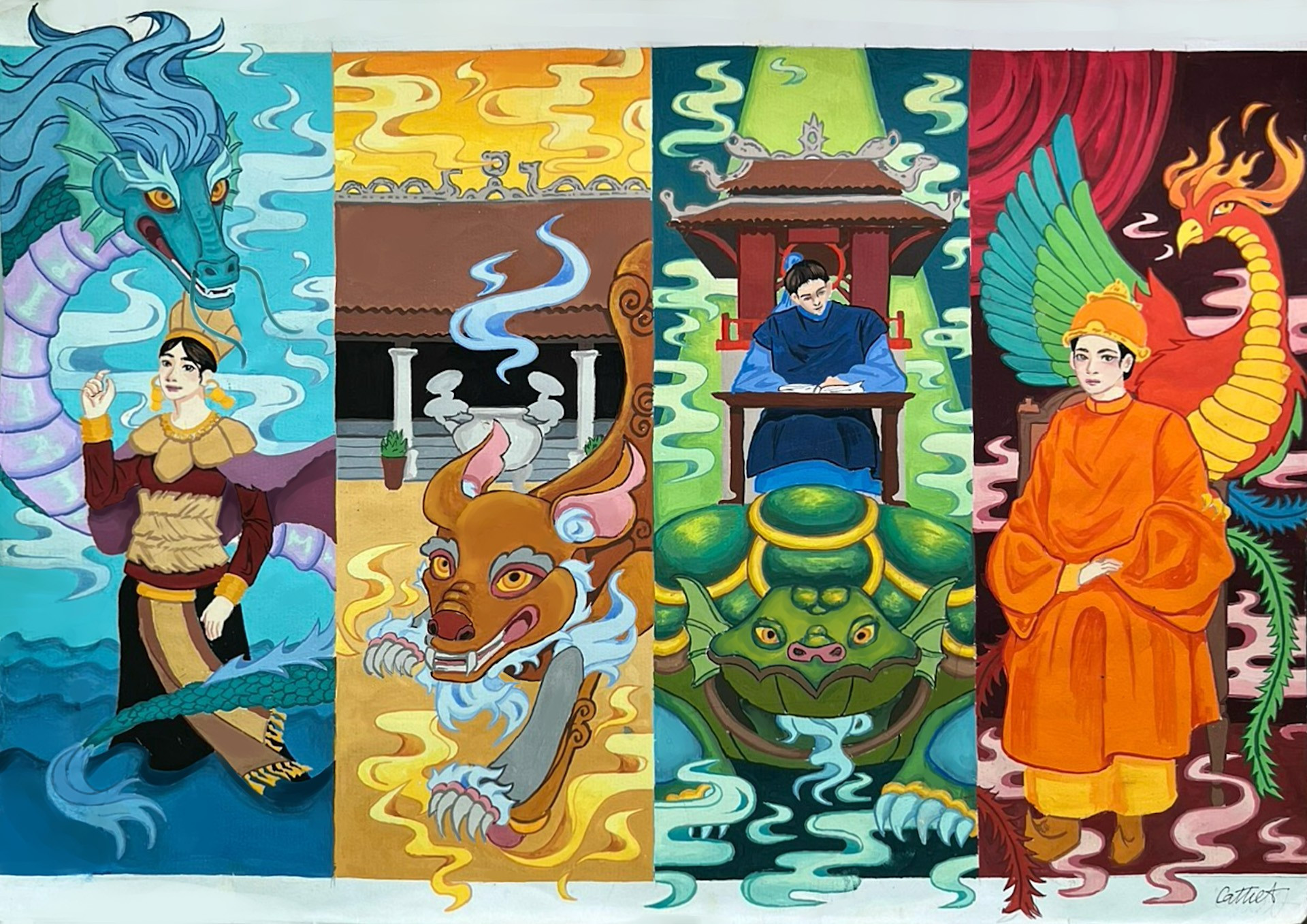 Em Nguyễn Cát Tiên (sinh năm 2009, Thành phố Hồ Chí Minh) với tác phẩm “Tứ linh” giành giải Nhất của bảng B (từ 12-17 tuổi). toucher-art-phap-3.jpg