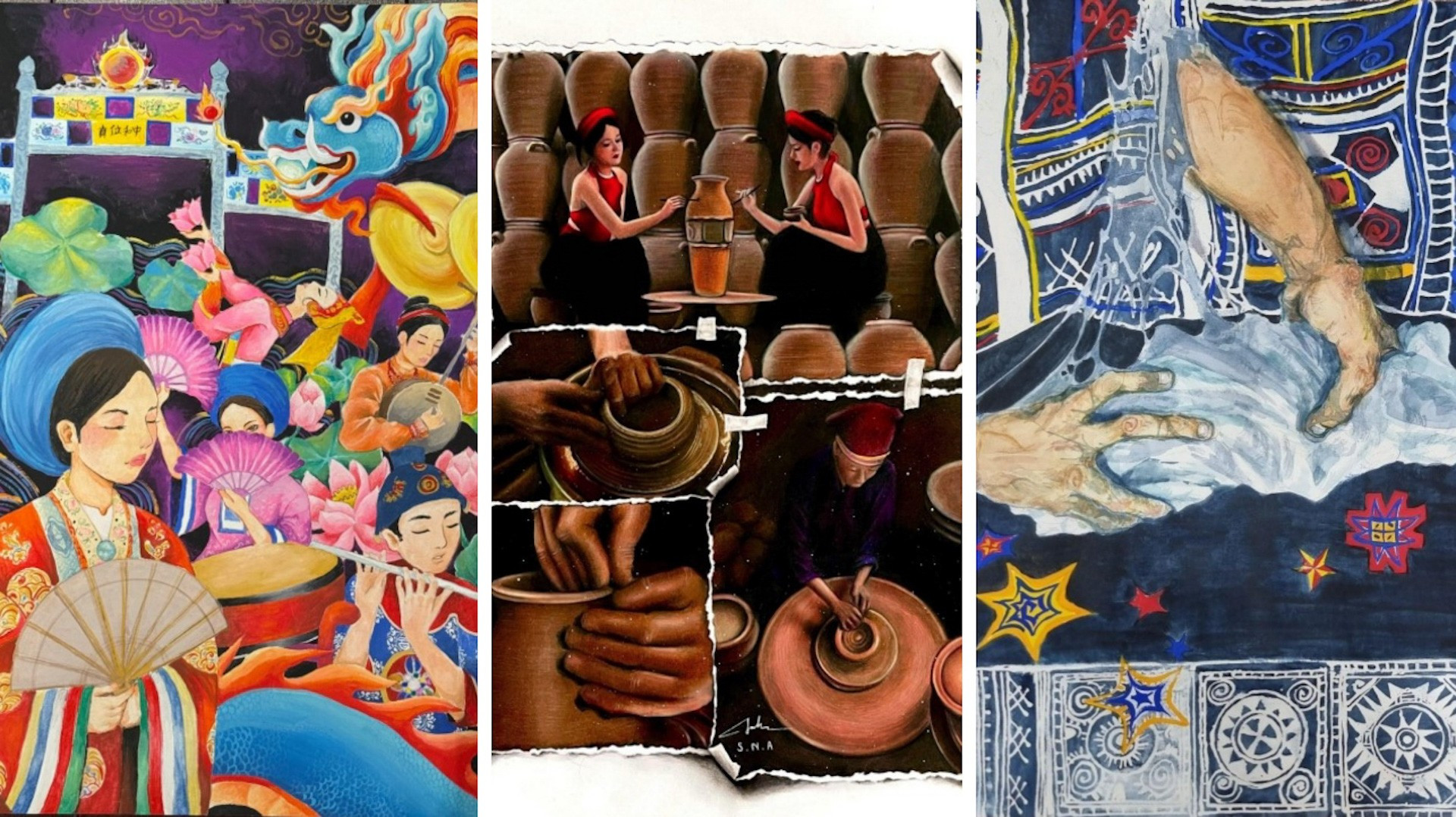 Em Nguyễn Kiều An (sinh năm 2009, Hà Nội) cùng tác phẩm “Khúc Tự Tình Huế”, em Sái Ngọc Ánh (2008, Vĩnh Yên) với bức tranh “Làng nghề gốm Phù Lãng” và em Hồ Vũ Hà Anh (2009, Hà Nội) với sản phẩm dự thi “Sắc màu di sản” giành giải Nhì bảng B. toucher-art-phap-6.jpg