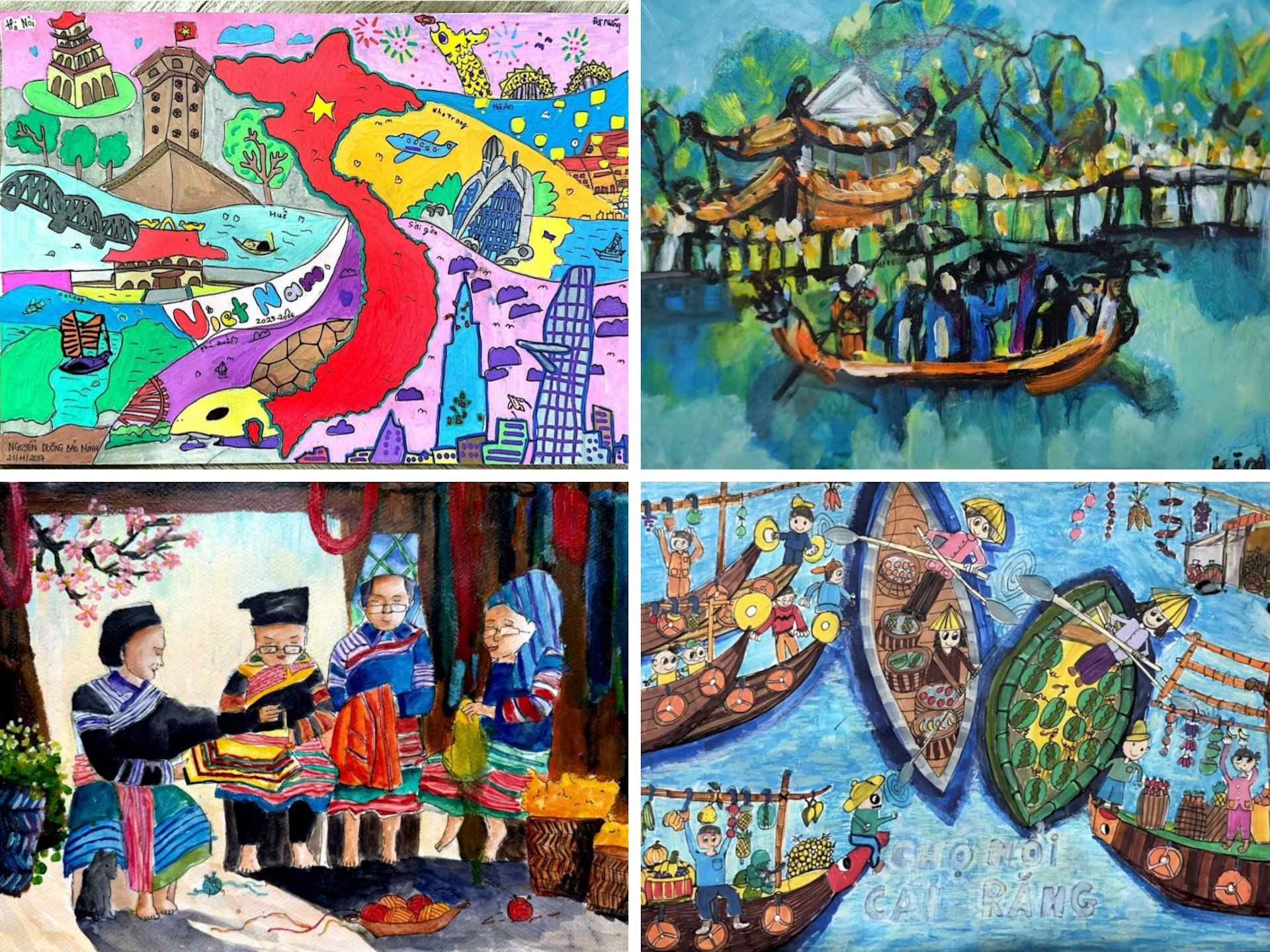 Các tác phẩm “Một vòng Việt Nam” của em Nguyễn Dương Bảo Minh (sinh năm 2017, Hà Nội), “Viêm Xá đến hẹn lại lên” của em Nguyễn Viết Vinh (2014, Bắc Ninh), “Nét đẹp vùng cao” của em Bùi Ngọc Khánh An (2015, Hà Nội) và “Chợ nổi Cái Răng, Cần Thơ” của em Dương Nam Nghị (2015, Thành phố Hồ Chí Minh) là 4 trong số 6 bài dự thi giành giải Ba của bảng A (dưới 12 tuổi). toucher-art-phap-5.jpg