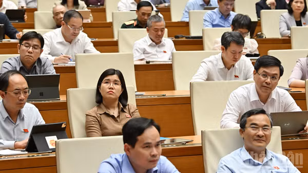 Các đại biểu thảo luận ở hội trường chiều 10/4. (Ảnh: DUY LINH)