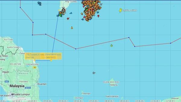 Vị trí tàu KAYO bị sự cố trên vùng biển Malaysia.