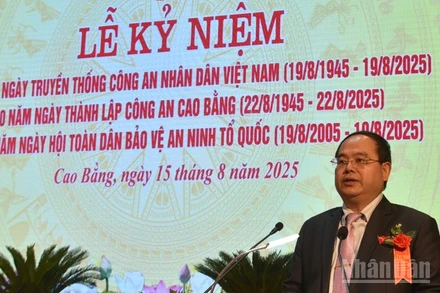 Bí thư Tỉnh ủy Cao Bằng Quản Minh Cường phát biểu ý kiến tại buổi lễ.
