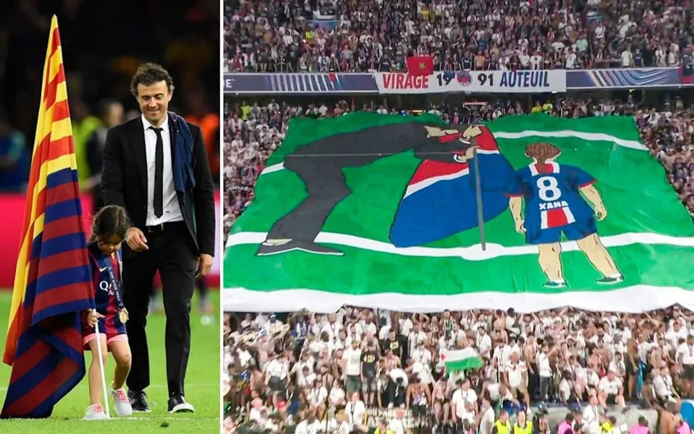 Luis Enrique và Xana với lá cờ Barcelona năm 2015, và tấm tifo của cổ động viên Paris Saint-Germain. trang-15-3.jpg
