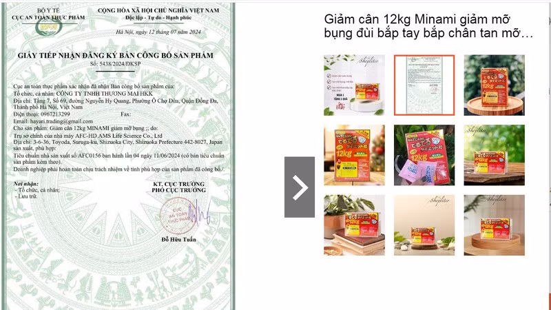 Cục An toàn thực phẩm chưa cấp Giấy tiếp nhận đăng ký bản công bố cho sản phẩm Giảm cân 12kg MINAMI giảm mỡ bụng