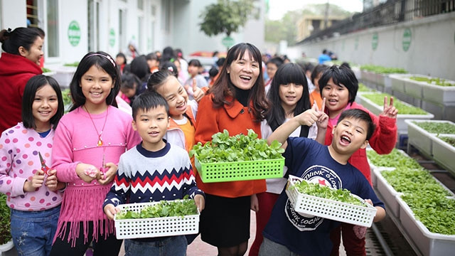 Mô hình "Vườn rau em chăm" của tập thể học sinh Trường tiểu học Dịch Vọng B (Hà Nội).