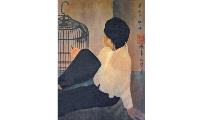Em bé cho chim ăn. Tranh lụa của Nguyễn Phan Chánh.