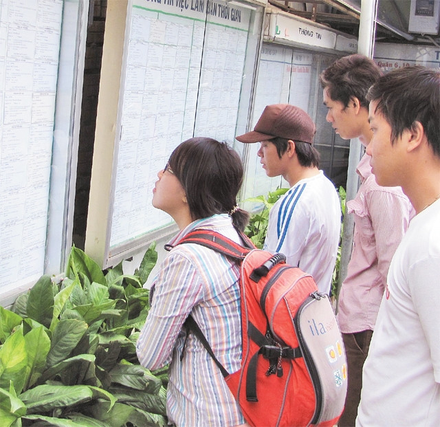 Các sinh viên tìm hiểu thông tin việc làm tại Trung tâm hỗ trợ sinh viên thành phố.