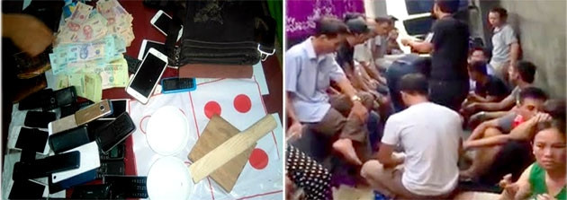 Các đối tượng cùng tang vật vụ án.