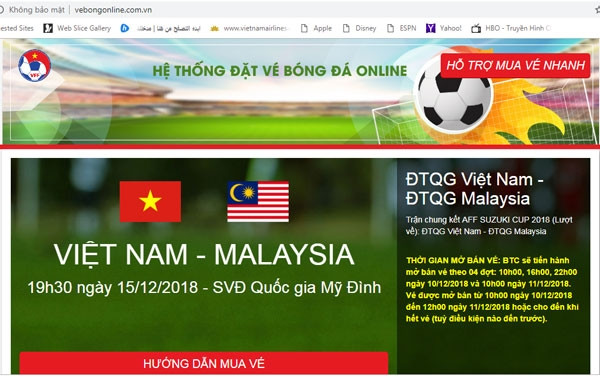 Giao diện trang web bán vé online giả mạo VFF.