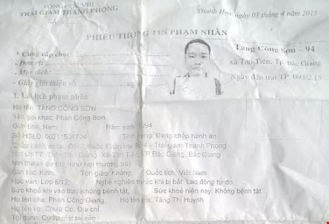 Phiếu thông tin phạm nhân.