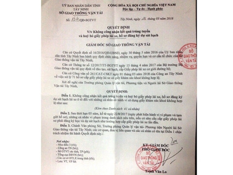 Quyết định hủy kết quả trúng tuyển đối với các học viên dù họ đã trúng tuyển của Sở Giao thông vận tải tỉnh Tây Ninh.