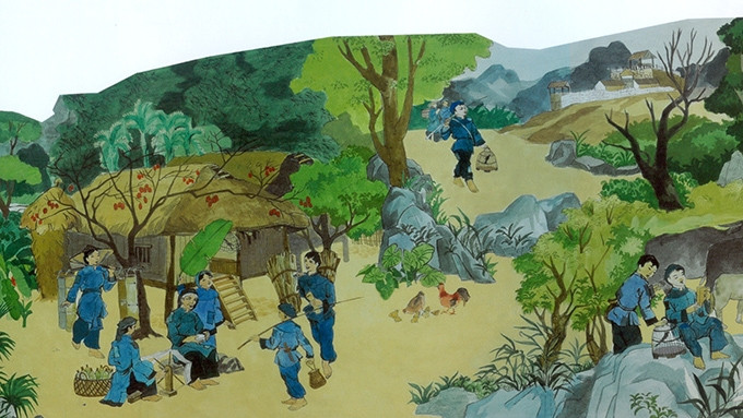 Một đoạn tranh gốm thể hiện cảnh sinh hoạt trong gia đình Anh hùng liệt sĩ Kim Ðồng.