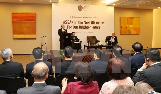 Tổng Bí thư Nguyễn Phú Trọng phát biểu tại Trung tâm Nghiên cứu Chiến lược và Quốc tế Indonesia. Ảnh: TTXVN.