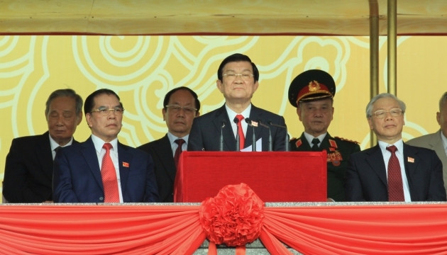 Chủ tịch nước Trương Tấn Sang đọc diễn văn tại Lễ kỷ niệm. (Ảnh: PHONG ANH)