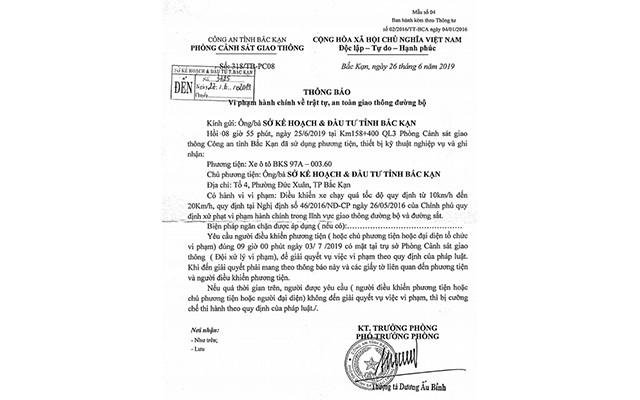 Thông báo xử lý “phạt nguội” xe biển xanh của Sở Kế hoạch và Đầu tư Bắc Cạn chạy quá tốc độ quy định.