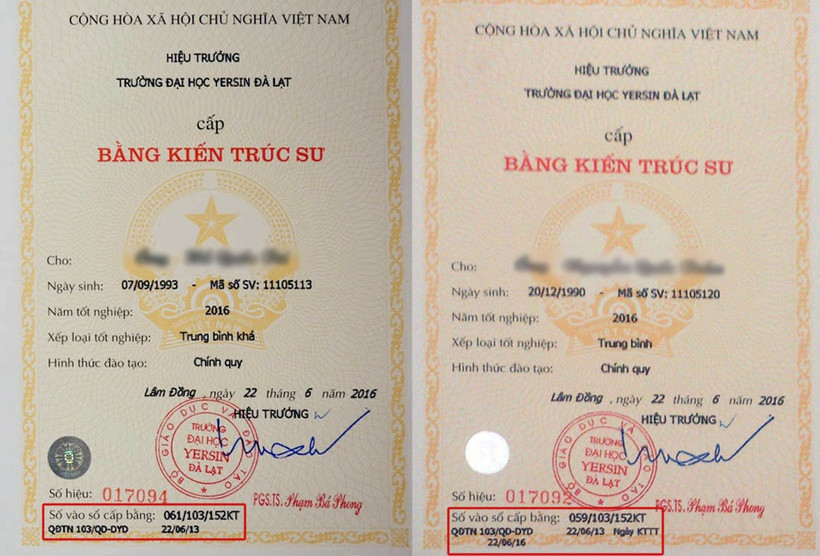 Văn bằng phát lần đầu (trái) và sau khi “bổ sung” thông tin phát lại.