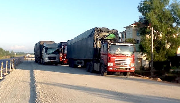 Các xe ô-tô chở gỗ vượt quá tải trọng bị Trạm Cảnh sát giao thông Hải Lăng tạm giữ.