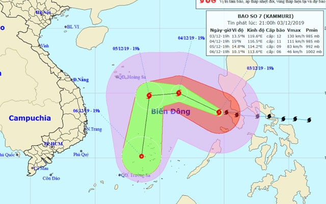 Vị trí và hướng di chuyển của bão số 7. (Nguồn: nchmf.gov.vn)