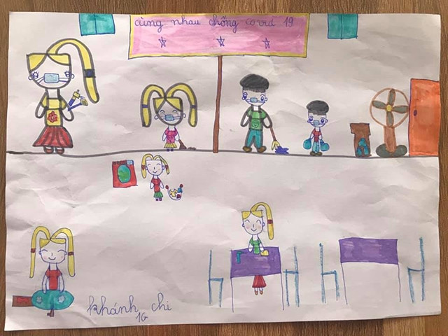 “Cùng nhau chống Covid-19”- tranh vẽ của em Khánh Chi, lớp 1G, Trường tiểu học Hưng Trí (thị xã Kỳ Anh, tỉnh Hà Tĩnh). 