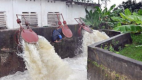 Bơm tiêu úng tại trạm bơm Tạ Thượng (Kim Ðộng, Hưng Yên). Ảnh: Báo Hưng Yên