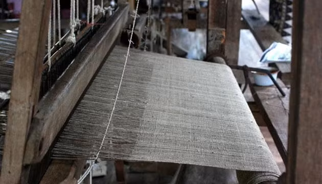 Một tấm vải từ sợi sen đang hình thành.