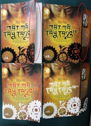 Bìa sách giả (bên trái) dễ bị cong, giấy mỏng, không có tay gấp, in sai màu. Sách thật (bên phải) bìa cứng cáp, phẳng, c