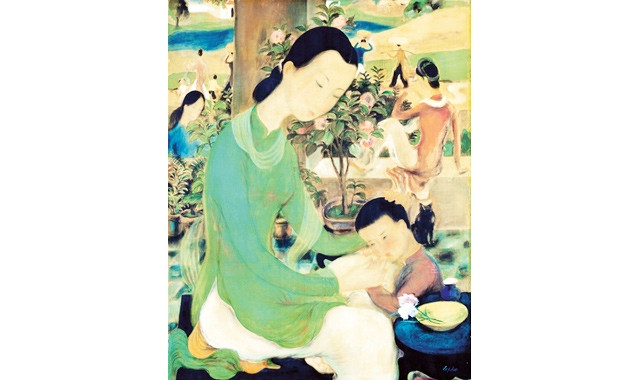 Tác phẩm Cuộc sống gia đình - Lê Phổ, mực và bột mầu trên lụa, 82x66cm, 1937 - 1939.