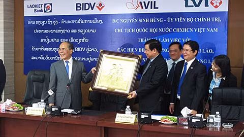 Chủ tịch Quốc hội Nguyễn Sinh Hùng gặp gỡ đại diện các doanh nghiệp Việt Nam tại Lào.