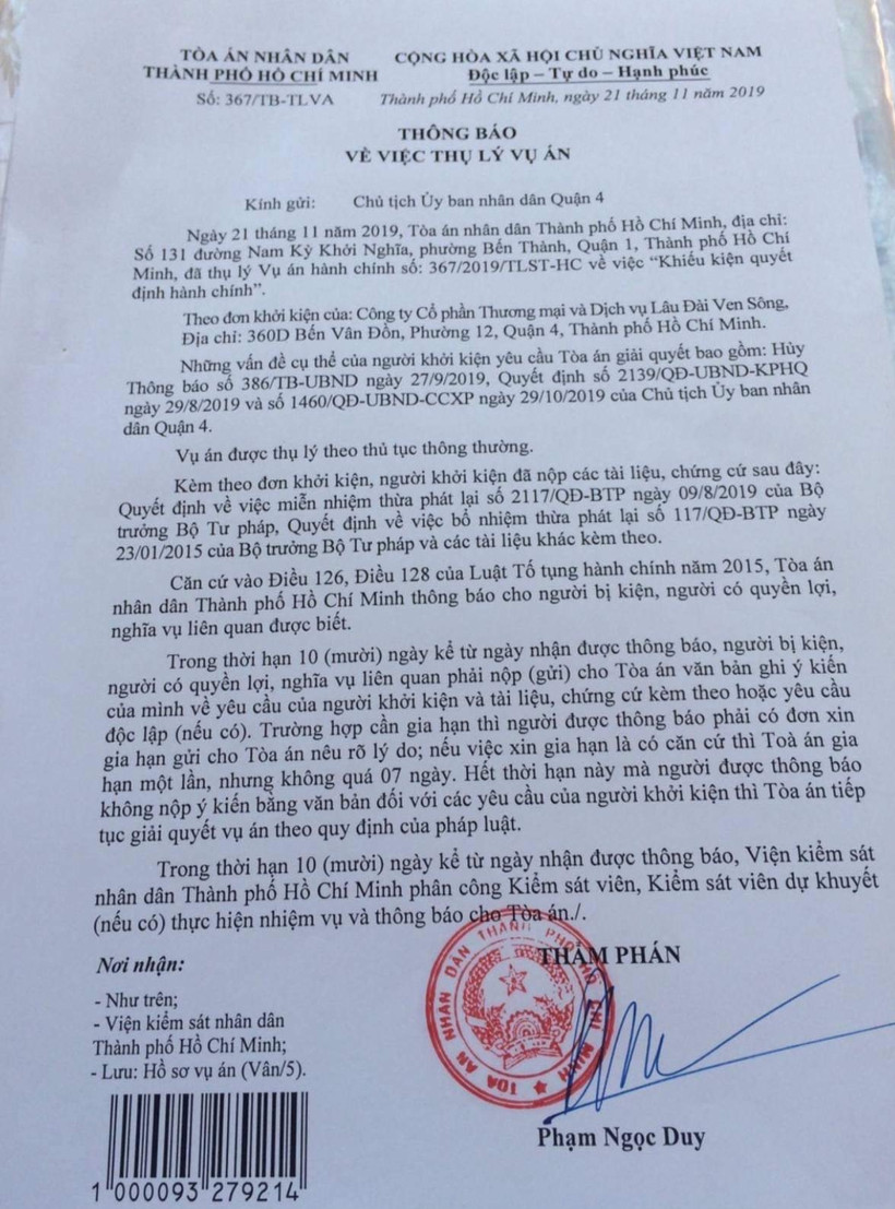 Thông báo của Tòa án Nhân dân thành phố Hồ Chí Minh.