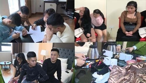 Các đối tượng bị bắt giữ cùng ma túy, dụng cụ sử dụng ma túy.