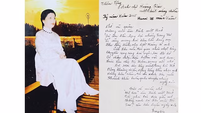 Bà Thục Đoan và bản viết tay một bài thơ của bà tặng vợ chồng nhạc sĩ Hoàng Giác.