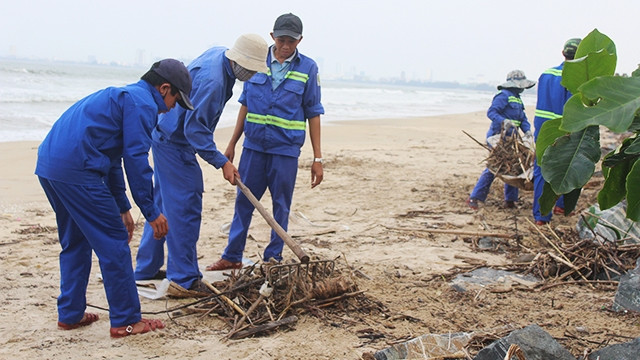 Dọn rác trên bờ biển Nguyễn Tất Thành, Đà Nẵng.