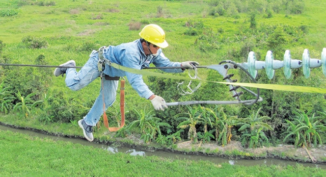 Công nhân thi công đường dây 110 kV Hóc Môn - Tân Hiệp, huyện Củ Chi.