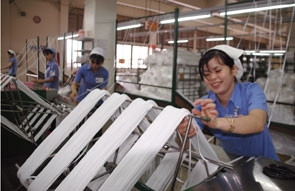 Công nhân công ty Paiho, Khu công nghiệp Tân Tạo, Bình Chánh, TP Hồ Chí Minh sản xuất dây giày xuất khẩu.