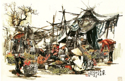 Chợ Tết.Tranh thủy mặc của TRƯƠNG LỘ