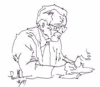 Nhà báo Hữu Thọ qua nét ký họa của họa sĩ Bình Thiểm.